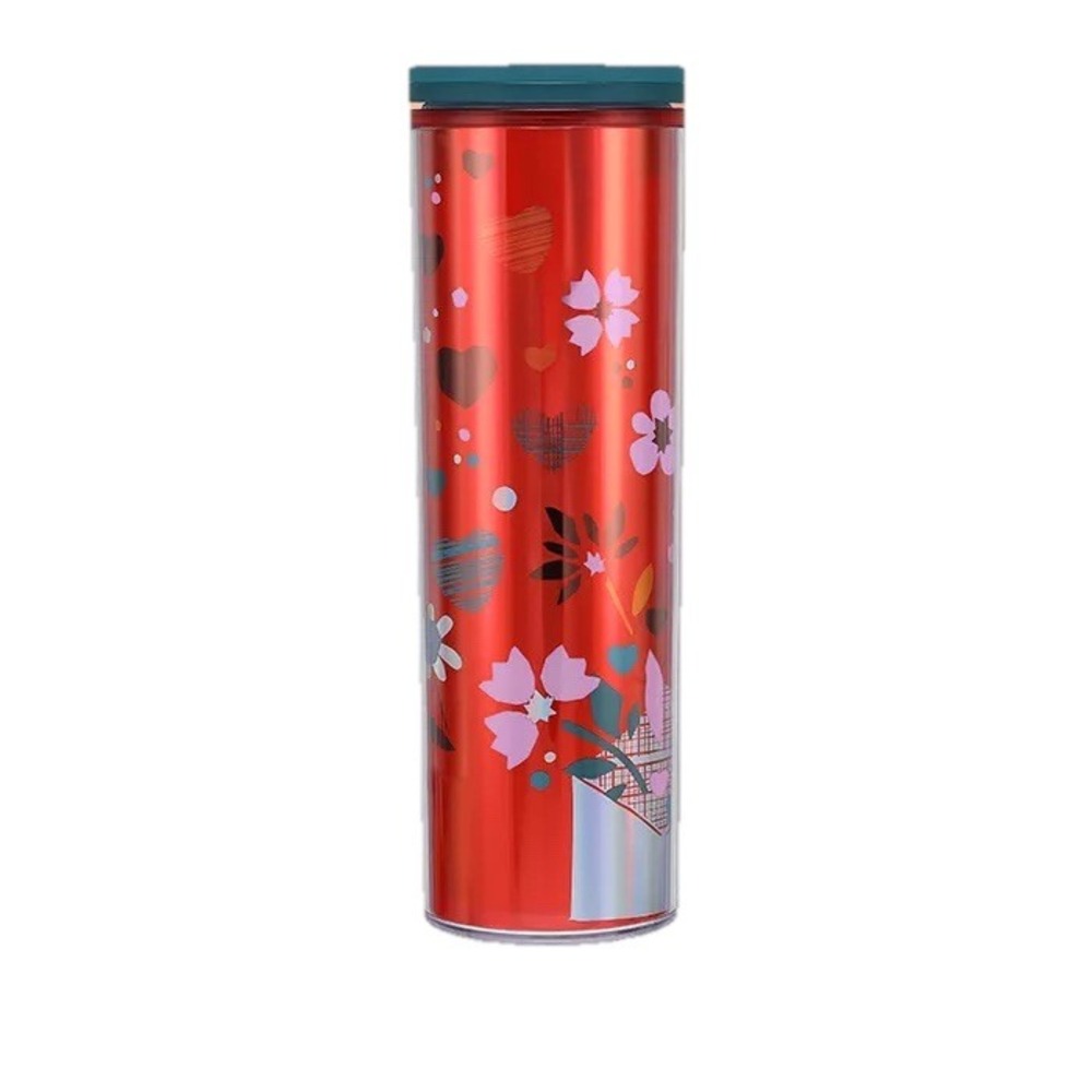 Starbucks Red Floral Heart Acrylic Travel Tumbler Teal Lid 16oz Metallic Wrap